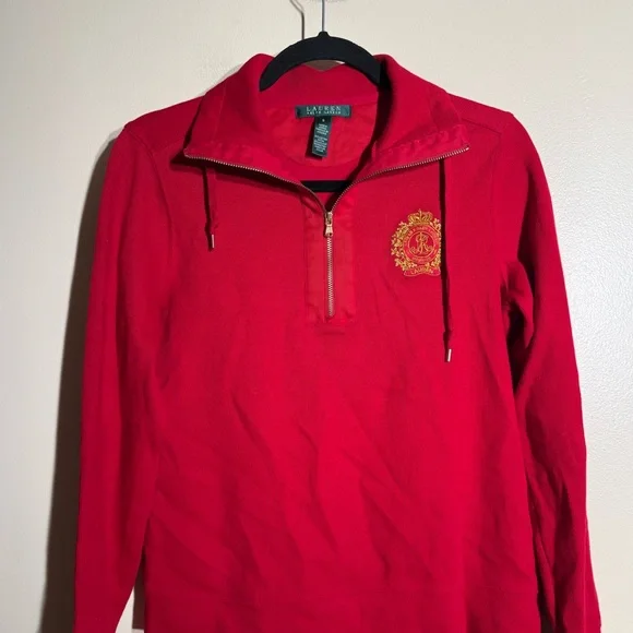 Lauren Ralph Lauren Pullover Sweater 3/4 Zip Gold Crest Logo small Red Old Money - Picture 5 of 10